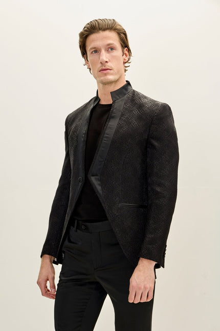 Embellished Mandarin Collar Tuxedo Jacket - Black