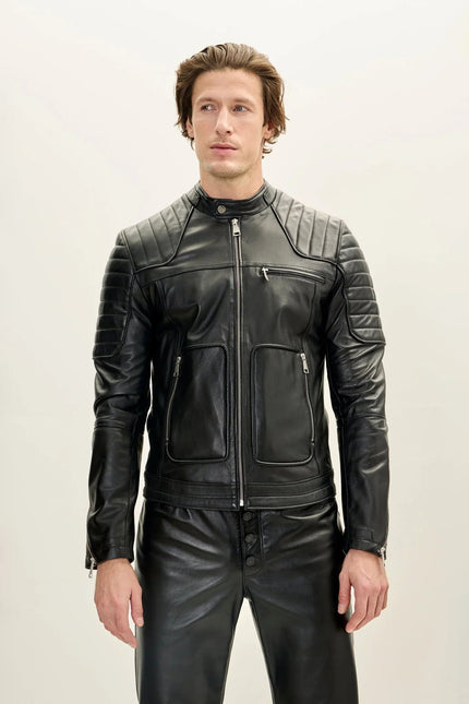 Men's Piped Nappa Lambskin Biker Jacket - Black | Ron Tomson