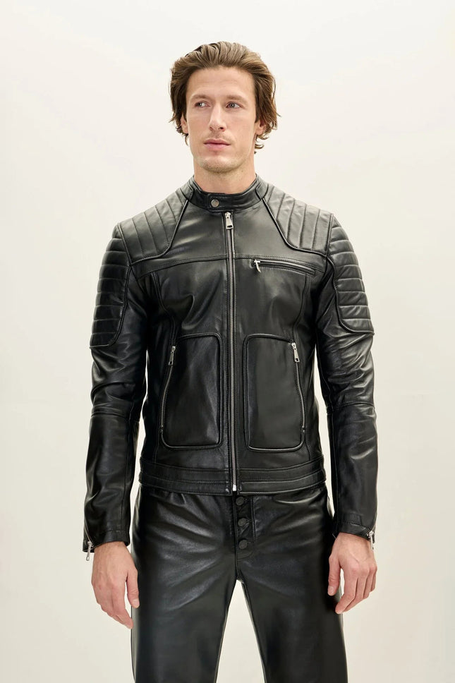 Men's Piped Nappa Lambskin Biker Jacket - Black | Ron Tomson