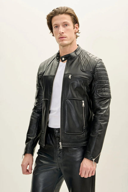 Men's Piped Nappa Lambskin Biker Jacket - Black | Ron Tomson