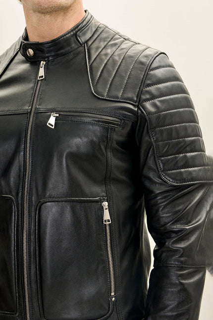 Men's Piped Nappa Lambskin Biker Jacket - Black | Ron Tomson