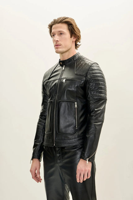 Men's Piped Nappa Lambskin Biker Jacket - Black | Ron Tomson