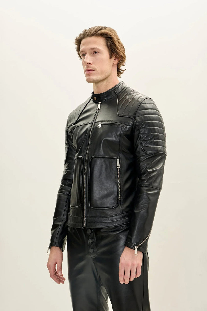 Men's Piped Nappa Lambskin Biker Jacket - Black | Ron Tomson