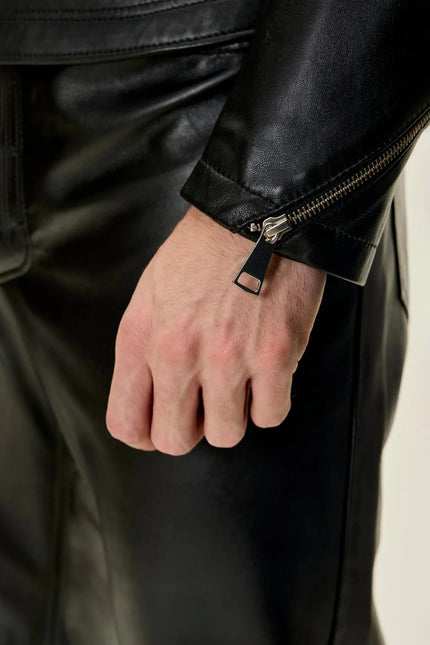 Men's Piped Nappa Lambskin Biker Jacket - Black | Ron Tomson