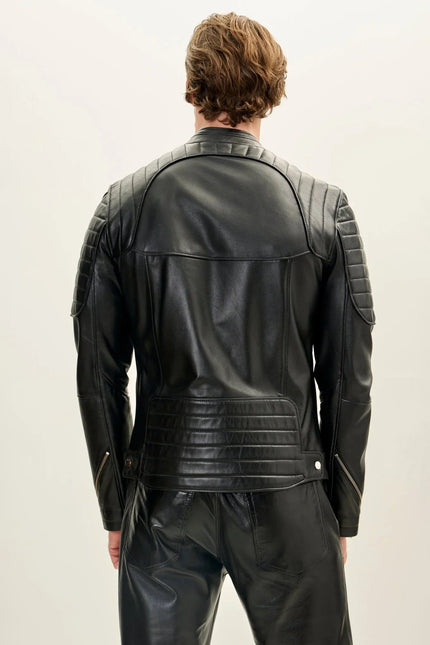 Men's Piped Nappa Lambskin Biker Jacket - Black | Ron Tomson