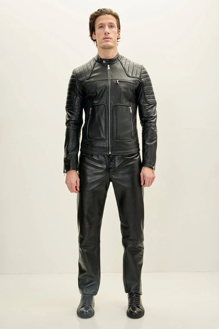 Men's Piped Nappa Lambskin Biker Jacket - Black | Ron Tomson