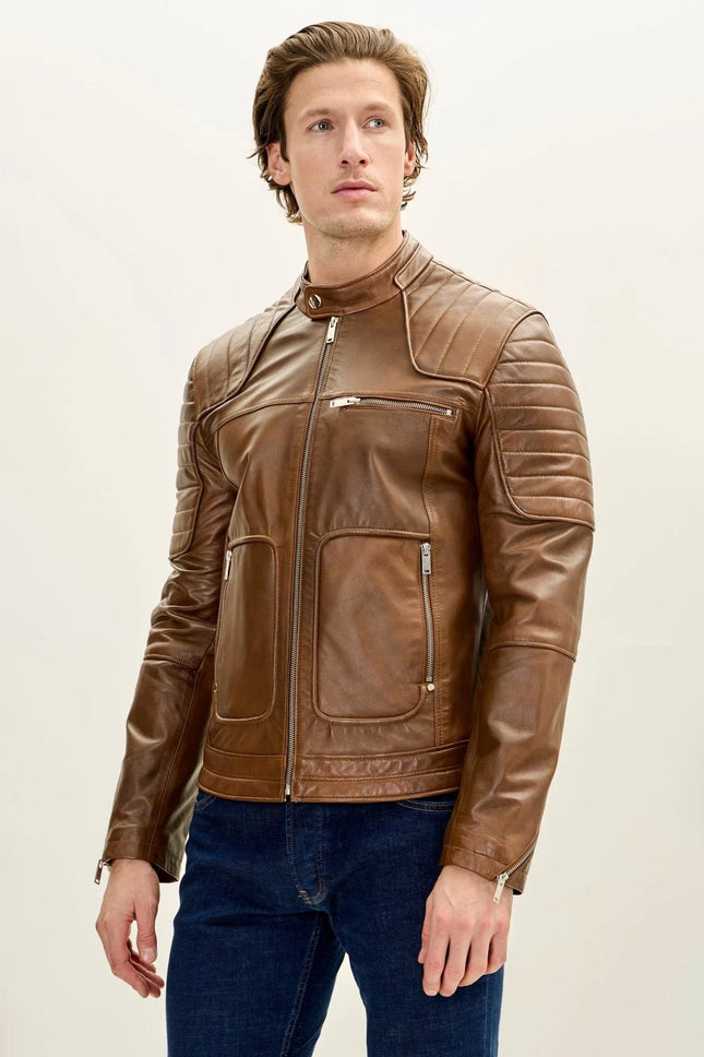 Men's Piping Details Leather Biker Jacket - Brown | Ron Tomson