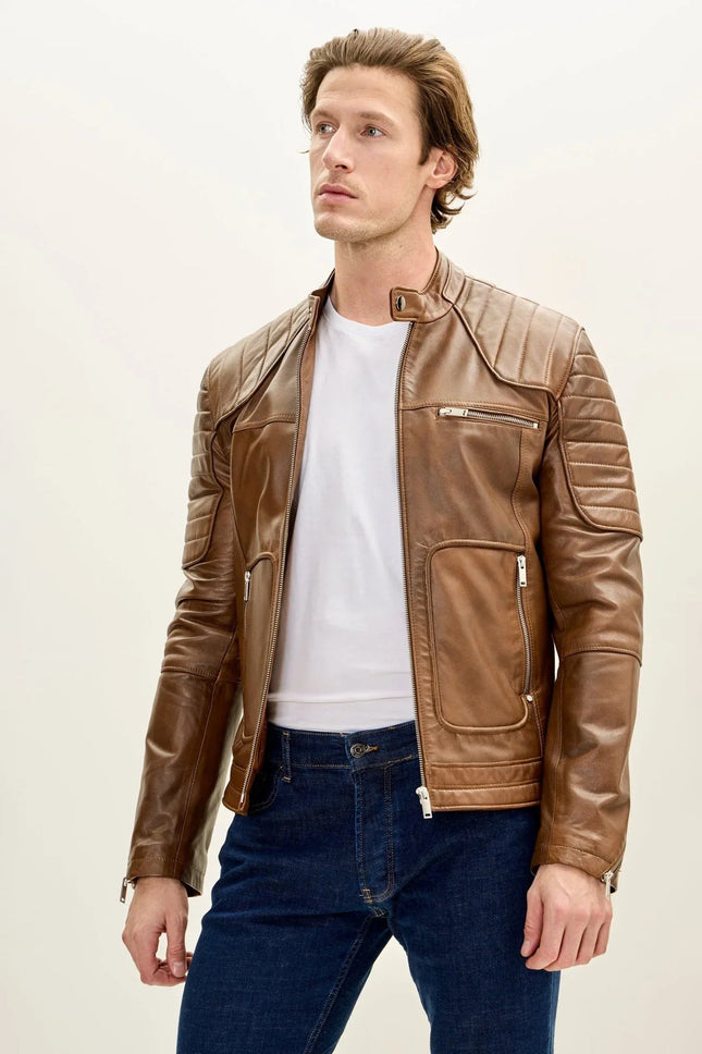 Men's Piping Details Leather Biker Jacket - Brown | Ron Tomson