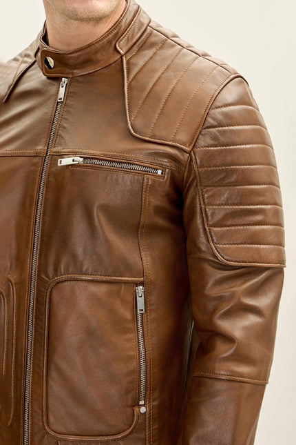 Men's Piping Details Leather Biker Jacket - Brown | Ron Tomson