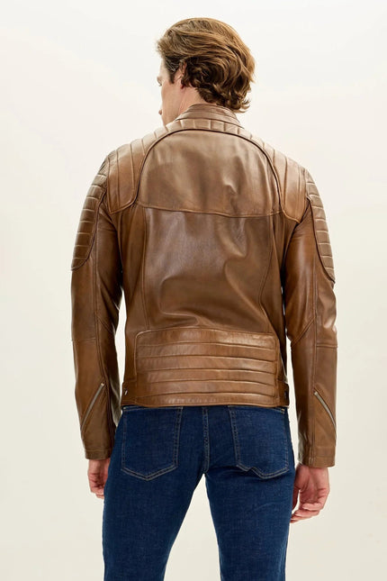 Men's Piping Details Leather Biker Jacket - Brown | Ron Tomson