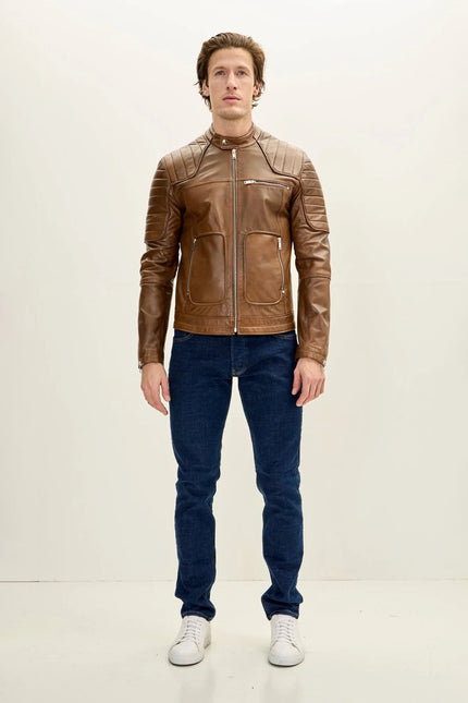 Men's Piping Details Leather Biker Jacket - Brown | Ron Tomson