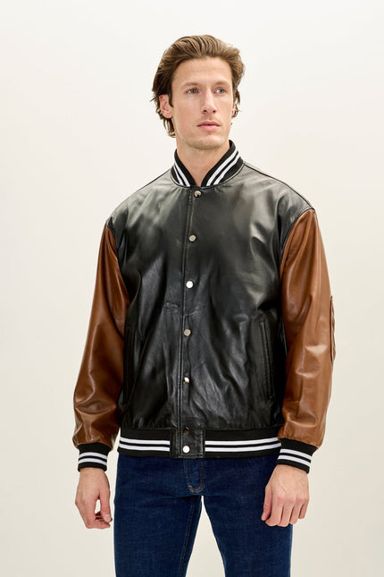 Men's Two Tone Varsity Leather Jacket - Black Brown | Ron Tomson