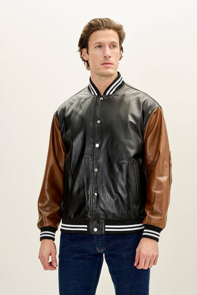 Men's Two Tone Varsity Leather Jacket - Black Brown | Ron Tomson
