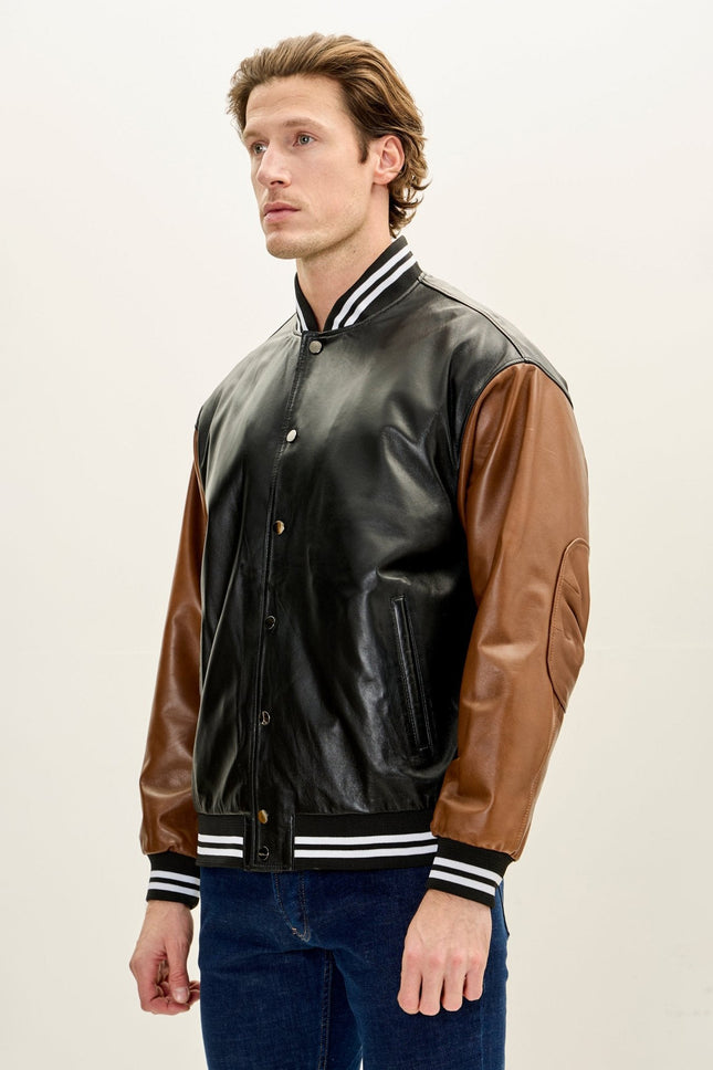 Men's Two Tone Varsity Leather Jacket - Black Brown | Ron Tomson