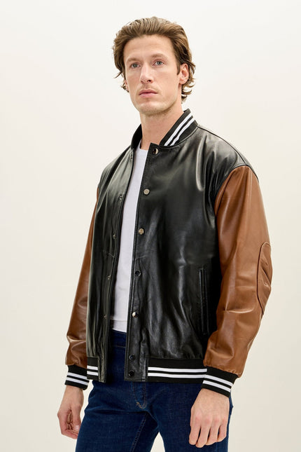 Men's Two Tone Varsity Leather Jacket - Black Brown | Ron Tomson