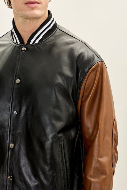 Men's Two Tone Varsity Leather Jacket - Black Brown | Ron Tomson