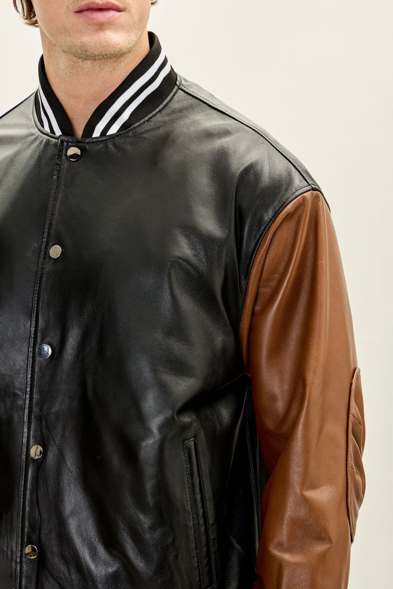 Men's Two Tone Varsity Leather Jacket - Black Brown | Ron Tomson
