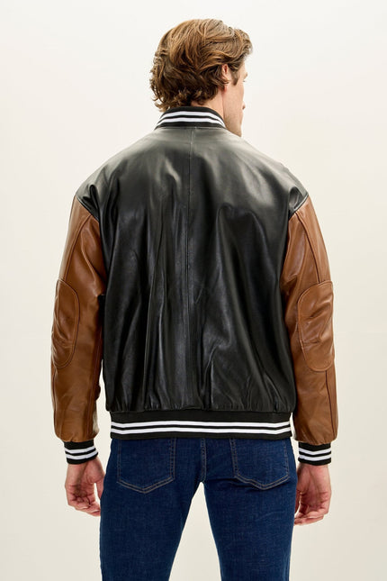 Men's Two Tone Varsity Leather Jacket - Black Brown | Ron Tomson
