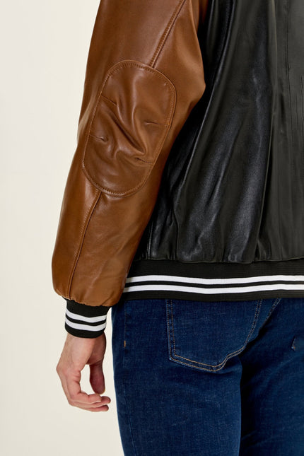 Men's Two Tone Varsity Leather Jacket - Black Brown | Ron Tomson