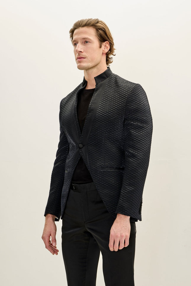 Men's Pleated Mandarin Collar Tuxedo - Black | Ron Tomson