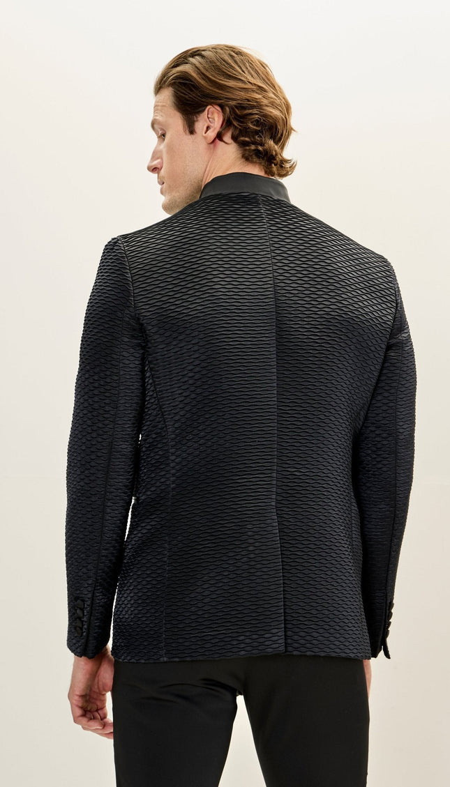 Pleated Mandarin Collar Tuxedo - Black