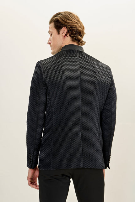 Men's Pleated Mandarin Collar Tuxedo - Black | Ron Tomson