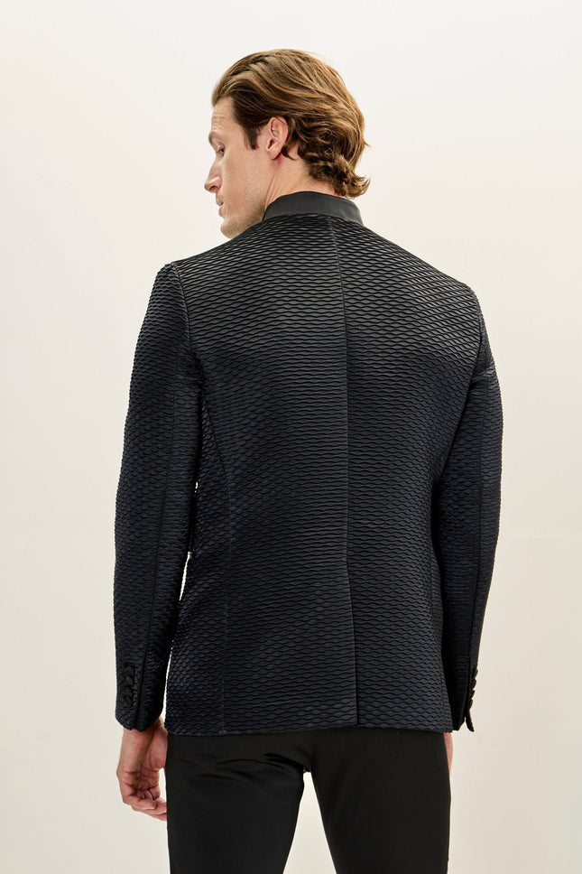 Men's Pleated Mandarin Collar Tuxedo - Black | Ron Tomson