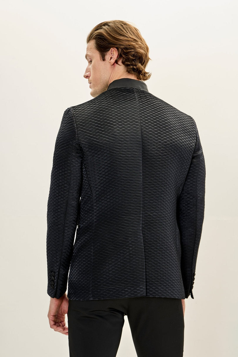 Men's Pleated Mandarin Collar Tuxedo - Black | Ron Tomson