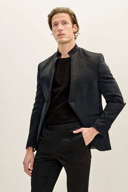 Men's Pleated Mandarin Collar Tuxedo - Black | Ron Tomson