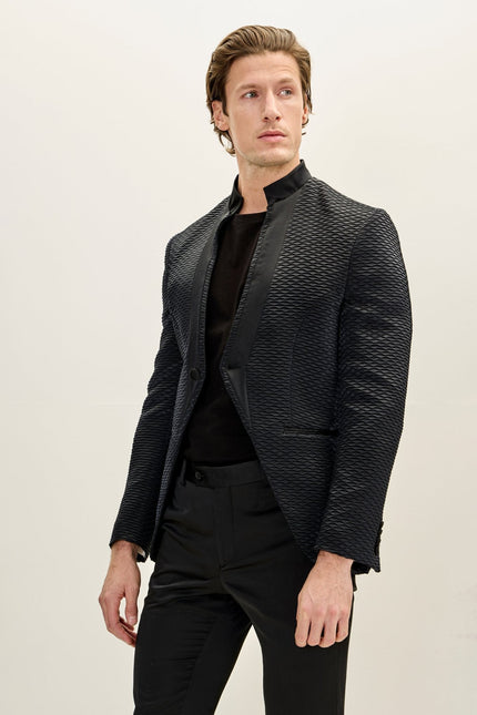Men's Pleated Mandarin Collar Tuxedo - Black | Ron Tomson