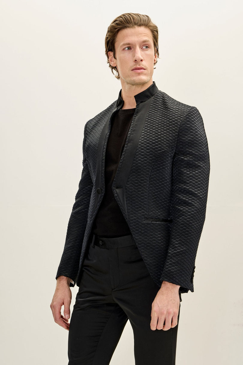 Men's Pleated Mandarin Collar Tuxedo - Black | Ron Tomson