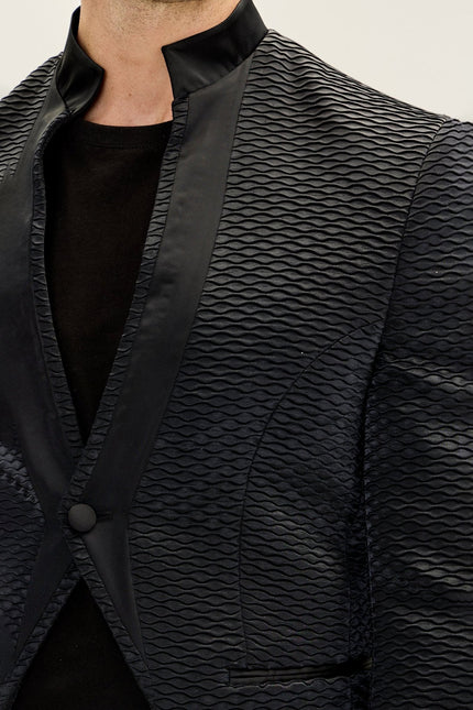 Men's Pleated Mandarin Collar Tuxedo - Black | Ron Tomson
