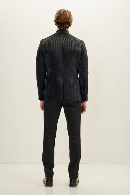 Men's Pleated Mandarin Collar Tuxedo - Black | Ron Tomson