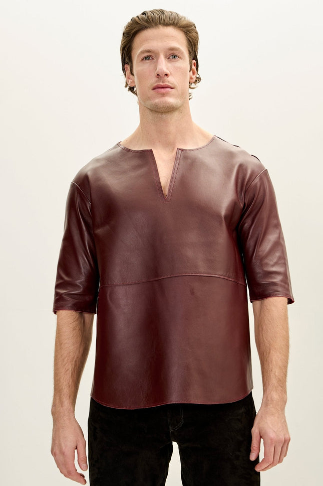 Men's Lambskin Leather V-Neck Shirt - Burgundy | Ron Tomson