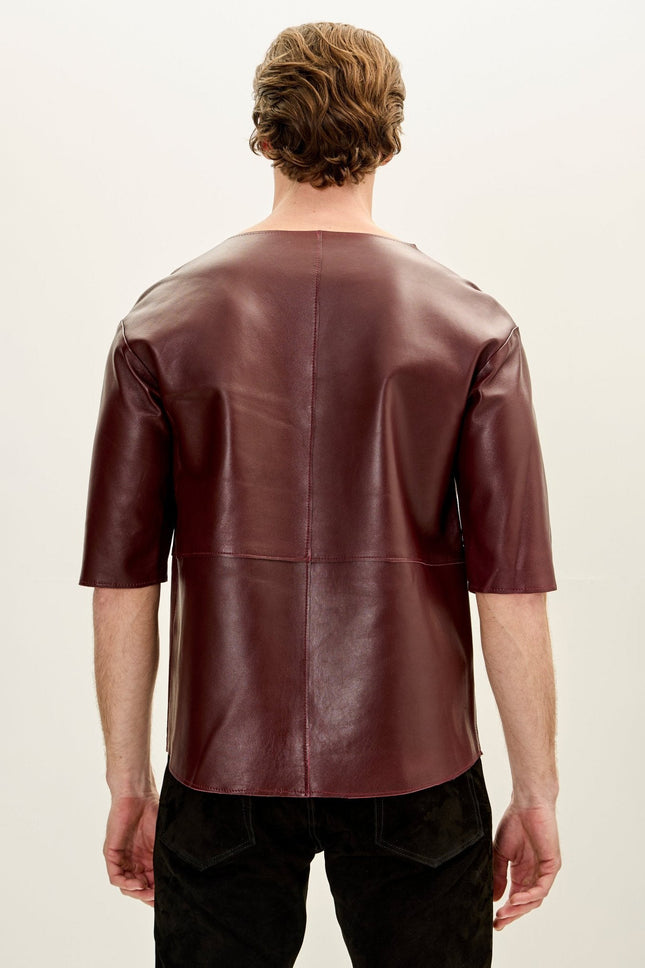 Men's Lambskin Leather V-Neck Shirt - Burgundy | Ron Tomson
