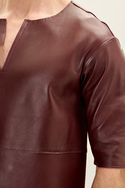 Men's Lambskin Leather V-Neck Shirt - Burgundy | Ron Tomson