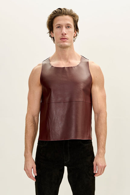 Men's Lambskin Leather Tank Top - Burgundy | Ron Tomson