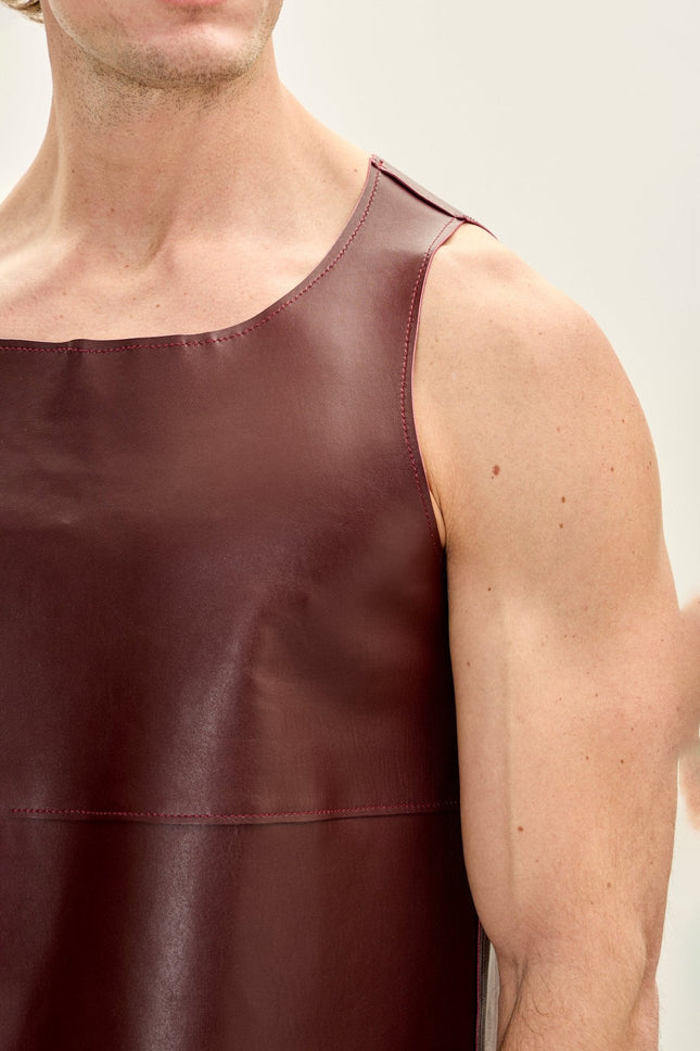 Men's Lambskin Leather Tank Top - Burgundy | Ron Tomson