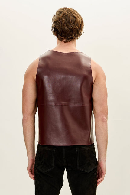 Men's Lambskin Leather Tank Top - Burgundy | Ron Tomson