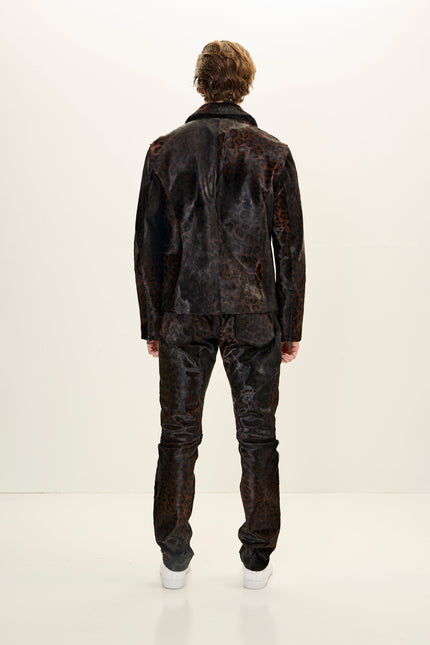 Men's Calf Hair Asymmetric Moto Jacket - Black Leopard | Ron Tomson