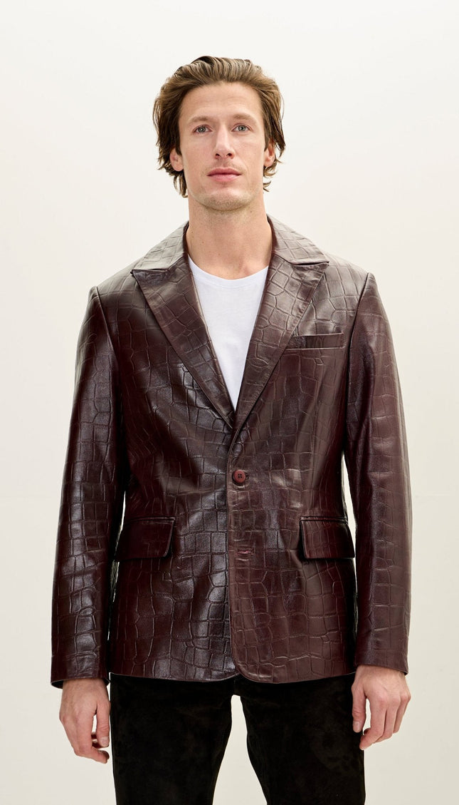 Croc-Embossed Leather Peak Lapel Blazer - Burgundy