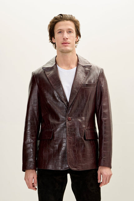 Men's Croc-Embossed Leather Peak Lapel Blazer - Burgundy | Ron Tomson