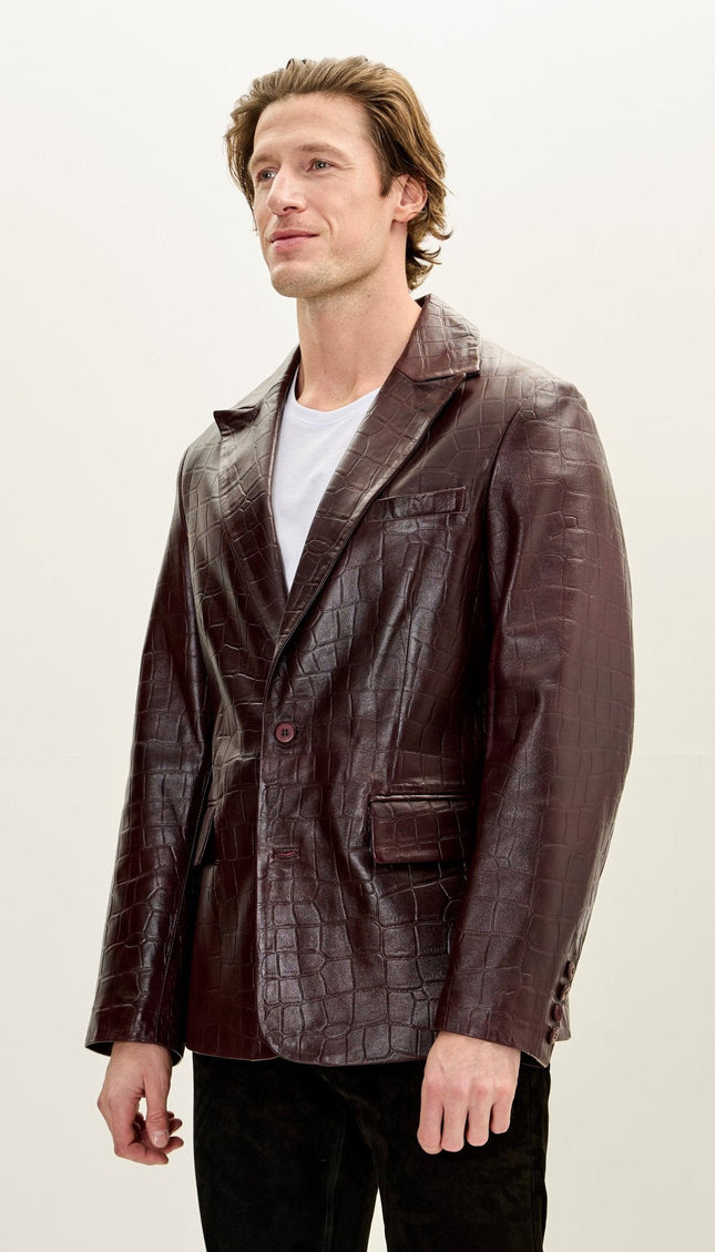 Croc-Embossed Leather Peak Lapel Blazer - Burgundy