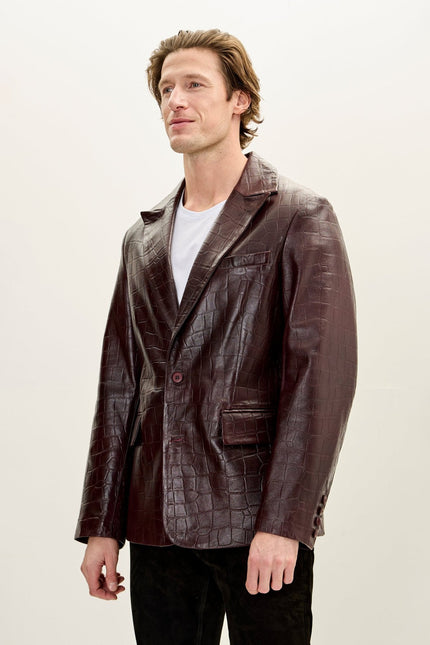 Men's Croc-Embossed Leather Peak Lapel Blazer - Burgundy | Ron Tomson