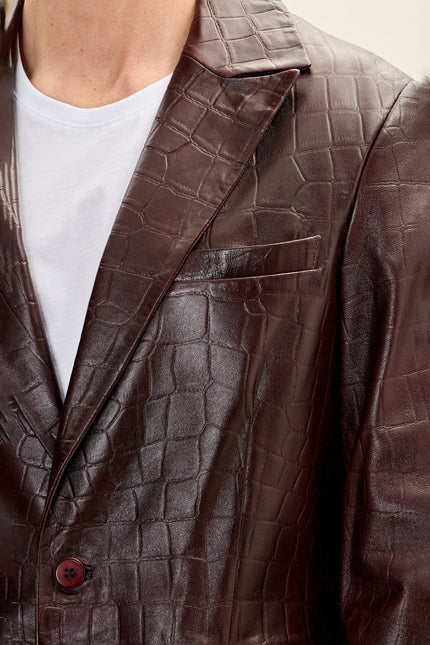 Men's Croc-Embossed Leather Peak Lapel Blazer - Burgundy | Ron Tomson