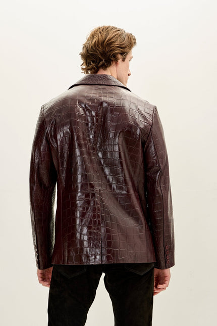 Men's Croc-Embossed Leather Peak Lapel Blazer - Burgundy | Ron Tomson