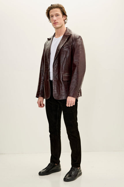 Men's Croc-Embossed Leather Peak Lapel Blazer - Burgundy | Ron Tomson