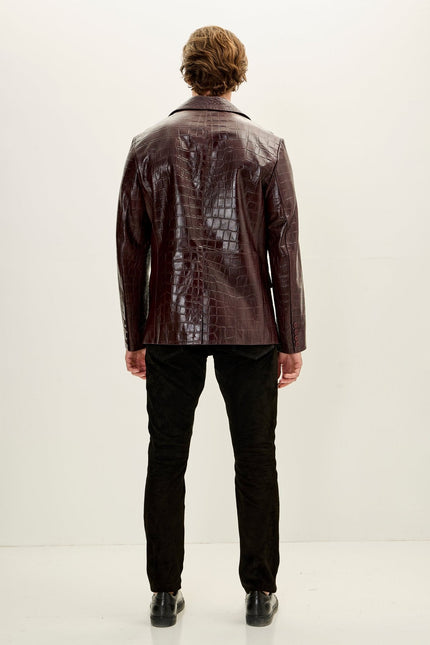 Men's Croc-Embossed Leather Peak Lapel Blazer - Burgundy | Ron Tomson