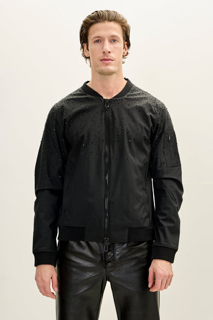 Men's Crystal Embellished Leather Bomber - Black | Ron Tomson