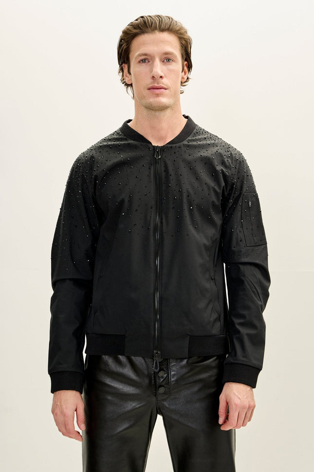 Men's Crystal Embellished Leather Bomber - Black | Ron Tomson